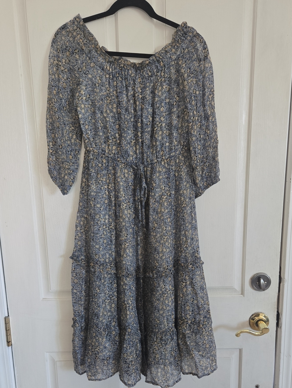 Anthropologie Blue Floral Tiered Midi Dress with Tie Waist